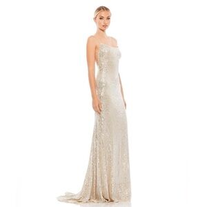 Mac Duggal Size 10 Silver Nude Sequins Strappy Open Back Long Maxi Gown Dress‎